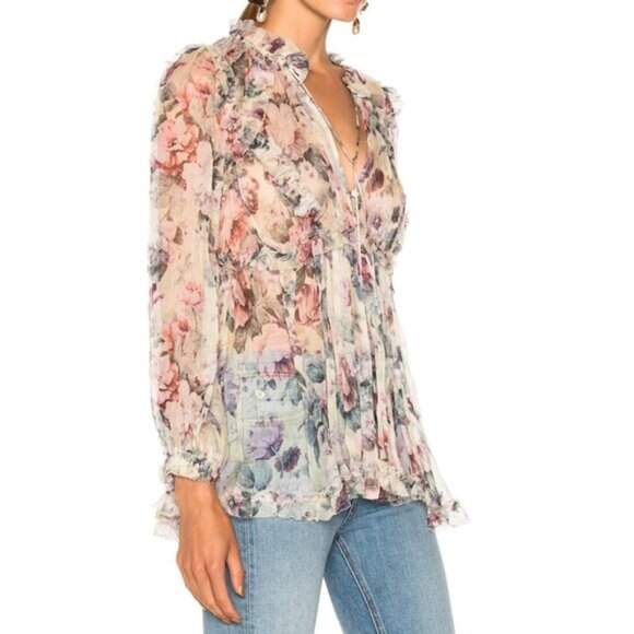 Zimmermann Jasper Floral Ruffle Sheer Blouse Top Size 1 Small b113E - Picture 7 of 10